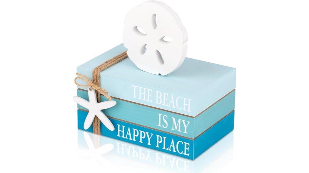 beach themed stacked book decor
