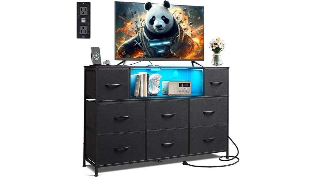 black dresser with lights