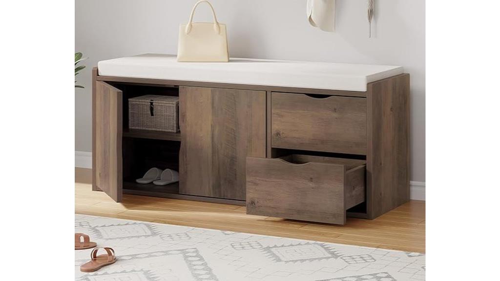 cushioned storage bench with drawers