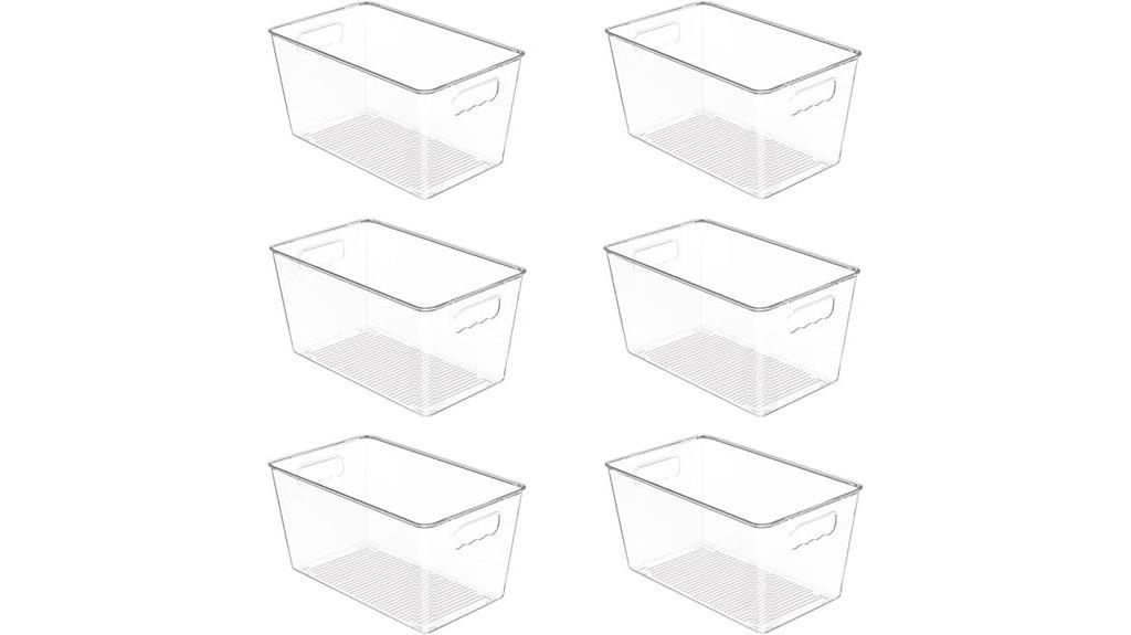 six clear storage bins