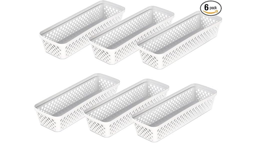six narrow plastic baskets