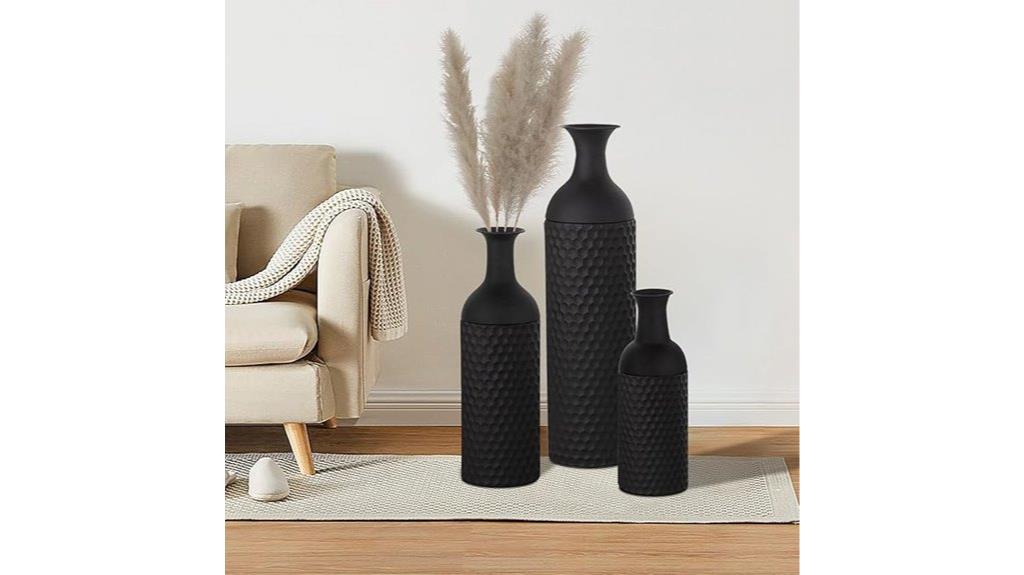 three black floor vases