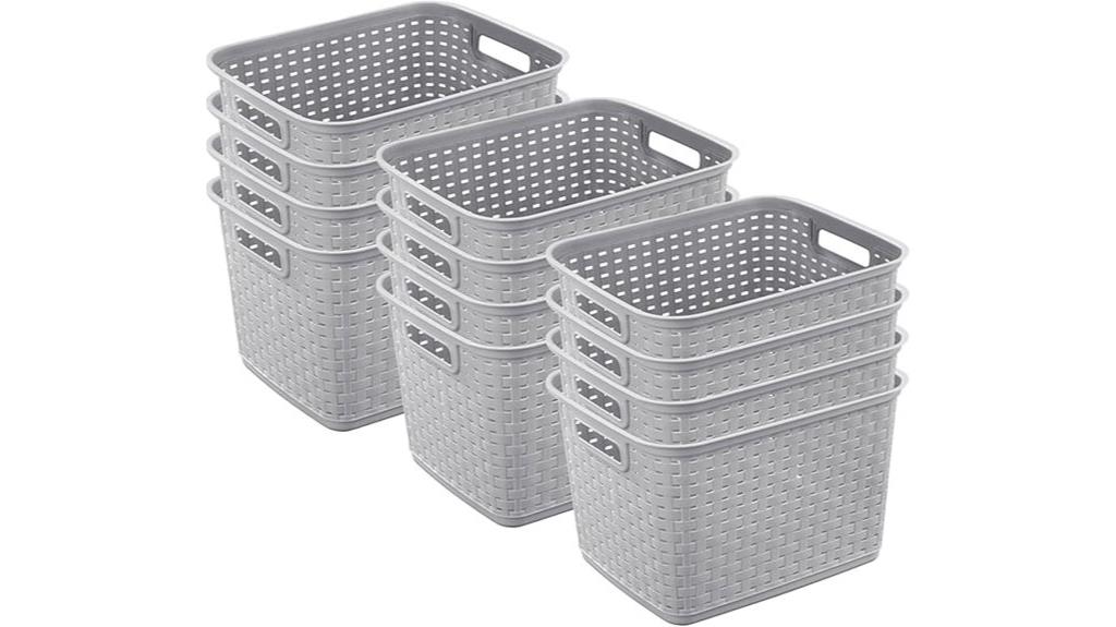 twelve wicker style storage bins