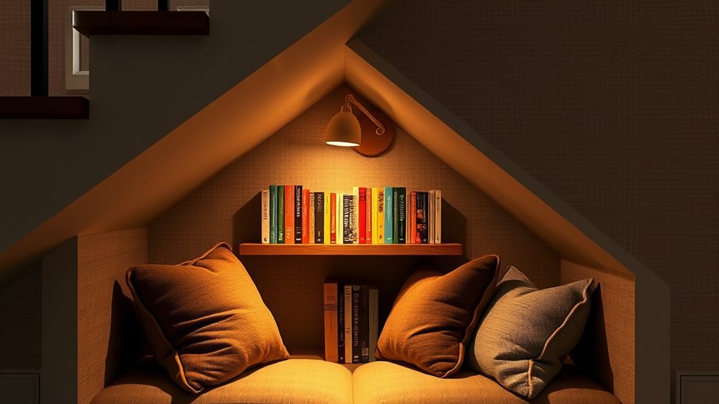 cozy well lit bookshelf nook