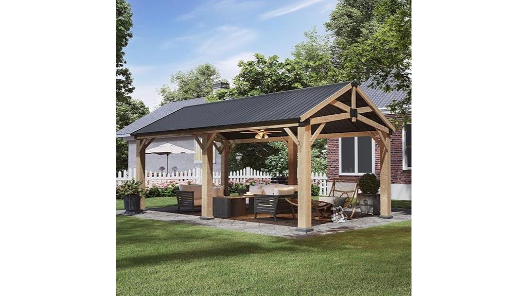outdoor wooden gazebo with steel roof