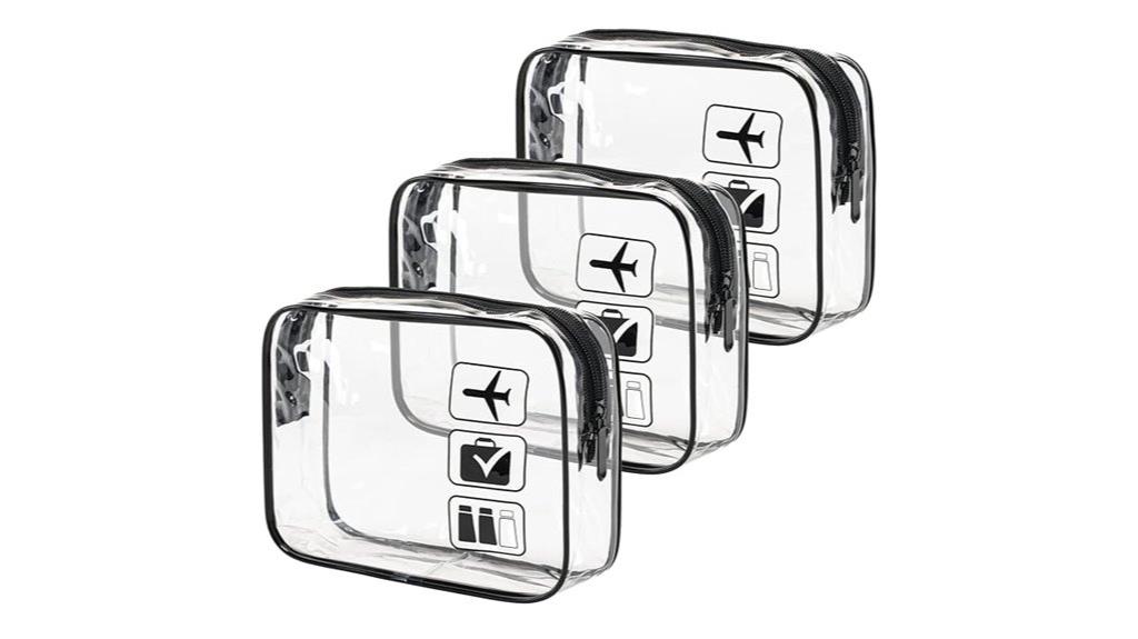 three clear toiletry bags