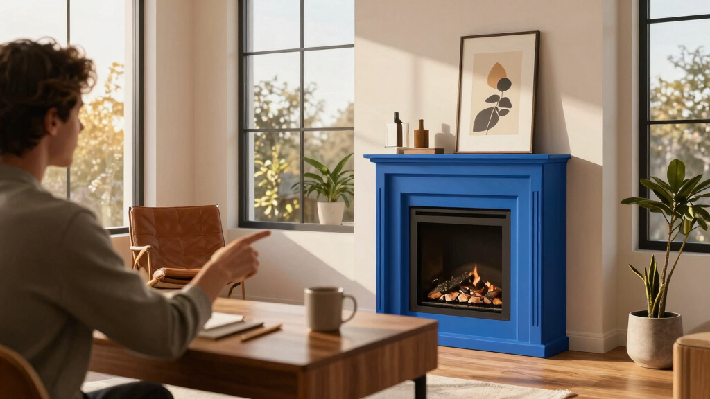 A Bold Blue Fireplace Is the Striking Focal Point of This Home Office