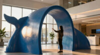 blue aluminum panels curve to shape a whale-like entrance gate by wutopia lab