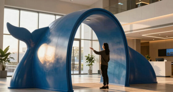 blue aluminum panels curve to shape a whale-like entrance gate by wutopia lab