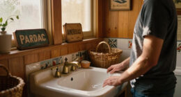 A Basically All-Wood Paneled '70S Bathroom Got An Americana Folk Makeover