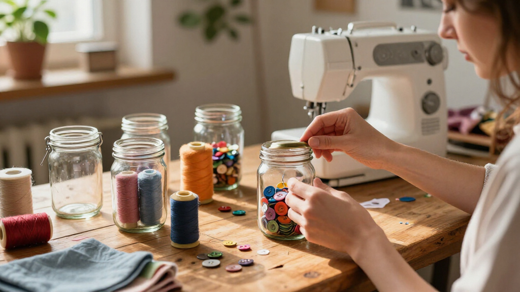 Savvy Upcyclers Transform Old Glass Jars Into A Sewing Kit With An Impressive DIY